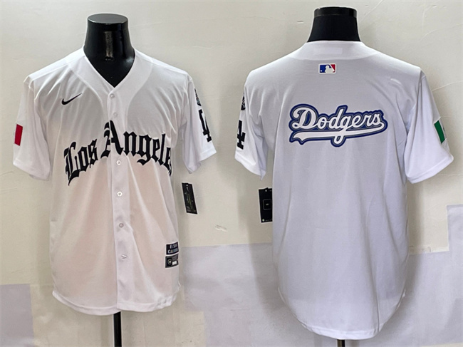 Men's Los Angeles Dodgers Team Big Logo White Mexico 2025 LA Gothic Style With Fernando Patch Vapor Premier Limited Stitched Baseball Jersey 003